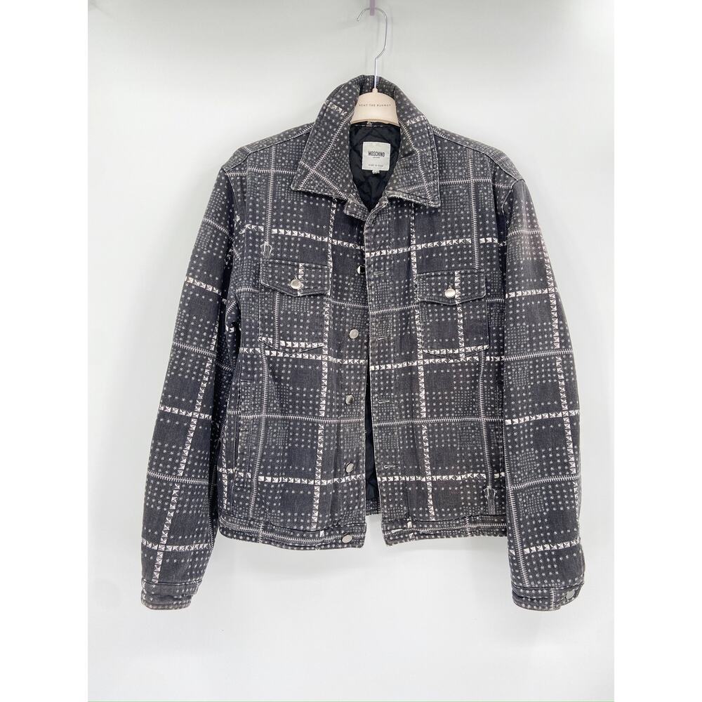 Moschino‎ Jeans Black Quilted Studded Print Denim Trucker Jacket Size 34